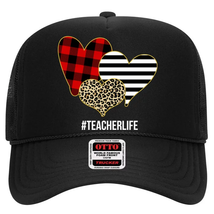 Leopard Red Plaid Striped Hearts Teacher Life Valentines Day High Crown Mesh Trucker Hat