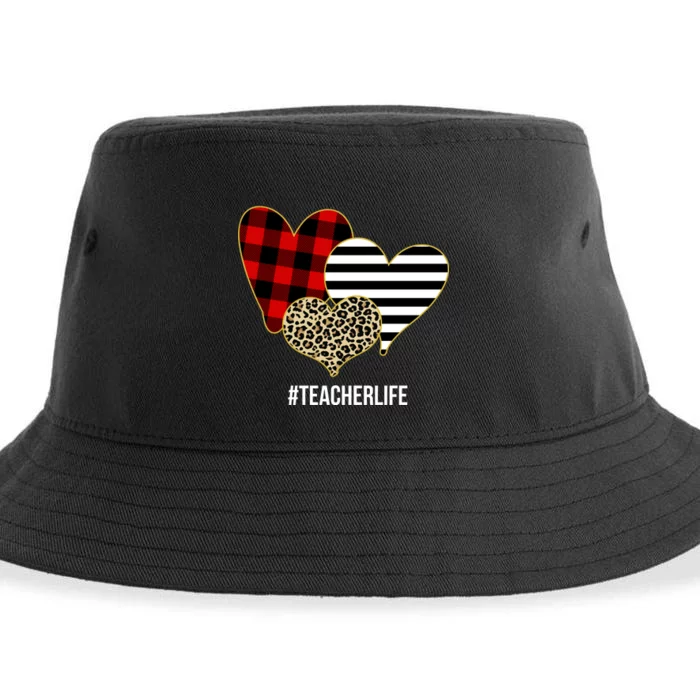 Leopard Red Plaid Striped Hearts Teacher Life Valentines Day Sustainable Bucket Hat