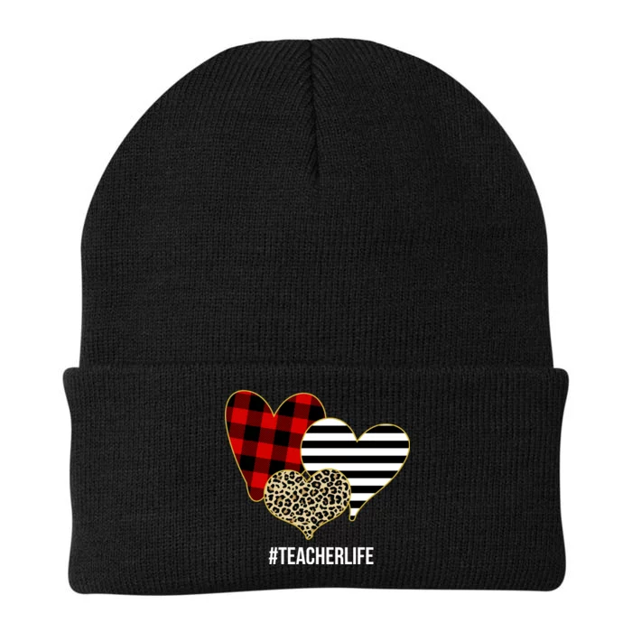 Leopard Red Plaid Striped Hearts Teacher Life Valentines Day Knit Cap Winter Beanie