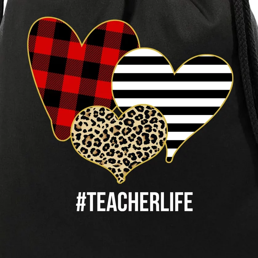 Leopard Red Plaid Striped Hearts Teacher Life Valentines Day Drawstring Bag