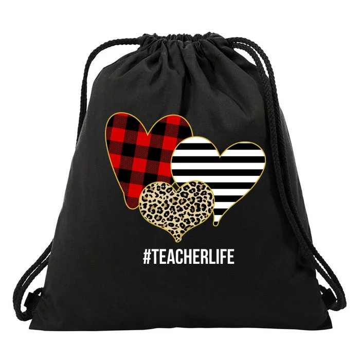 Leopard Red Plaid Striped Hearts Teacher Life Valentines Day Drawstring Bag