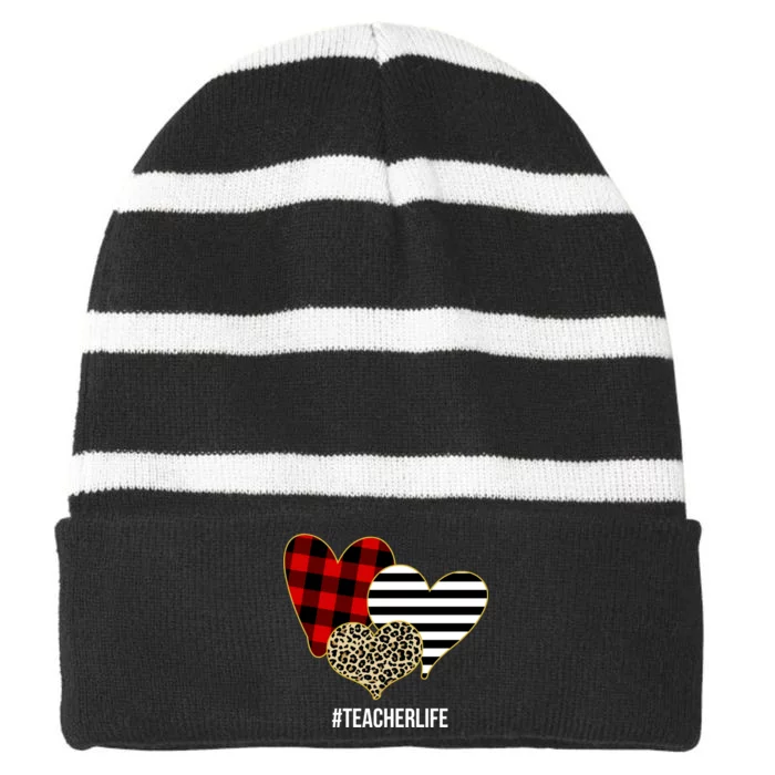 Leopard Red Plaid Striped Hearts Teacher Life Valentines Day Striped Beanie with Solid Band