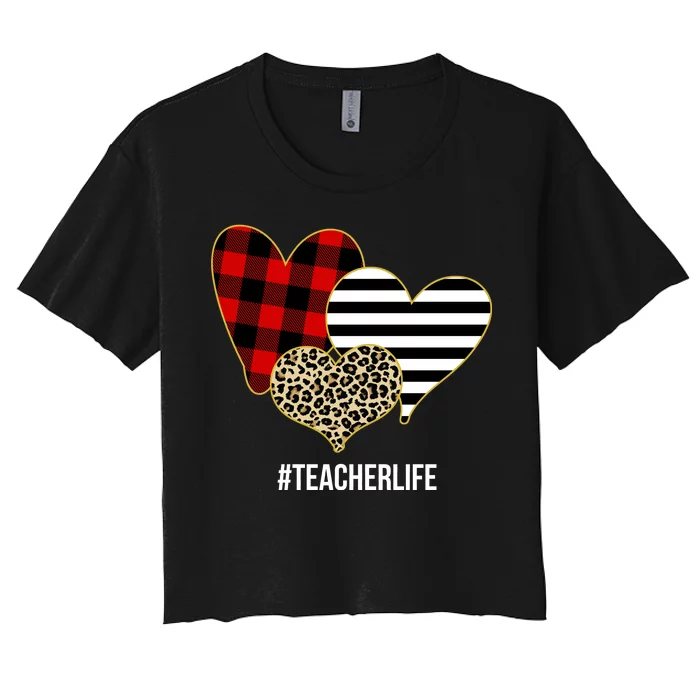 Leopard Red Plaid Striped Hearts Teacher Life Valentines Day Women's Crop Top Tee