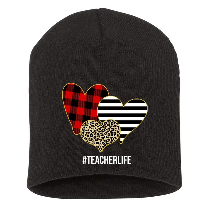 Leopard Red Plaid Striped Hearts Teacher Life Valentines Day Short Acrylic Beanie