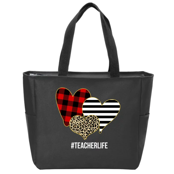 Leopard Red Plaid Striped Hearts Teacher Life Valentines Day Zip Tote Bag