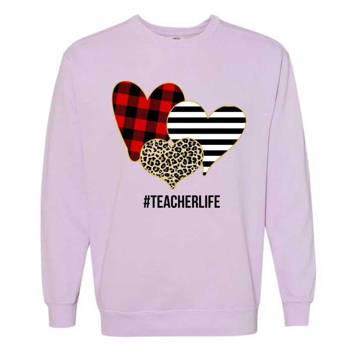 Leopard Red Plaid Striped Hearts Teacher Life Valentines Day Garment-Dyed Sweatshirt