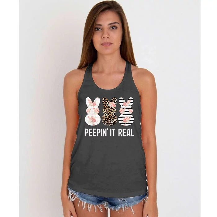 Leopard Easter Peepin It Real Cute Bunny Rabbit Women's Knotted Racerback Tank