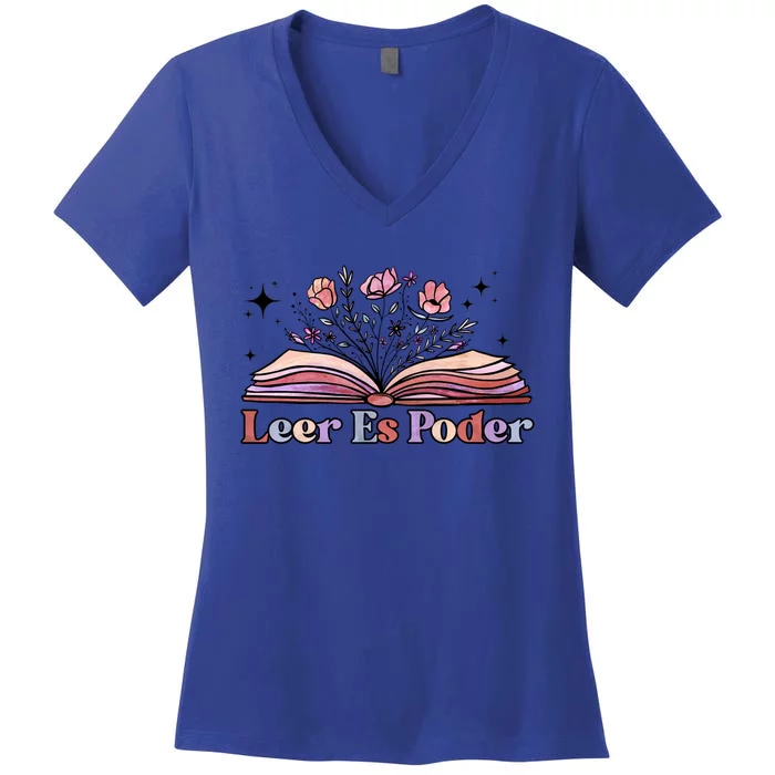 Leer Es Poder Spanish Teacher Bilingual Maestra Wildflowers Gift Women's V-Neck T-Shirt