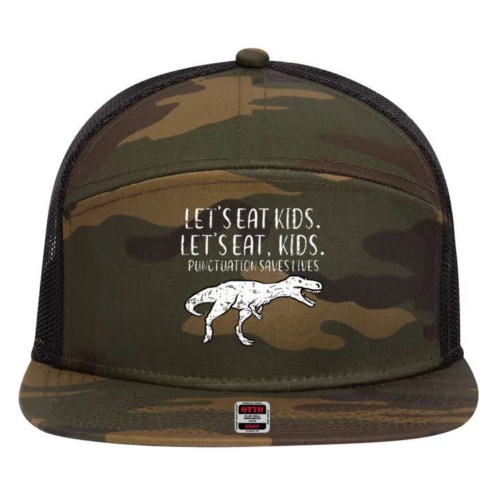 Lets Eat Punctuation Saves Lives Dino 7 Panel Mesh Trucker Snapback Hat