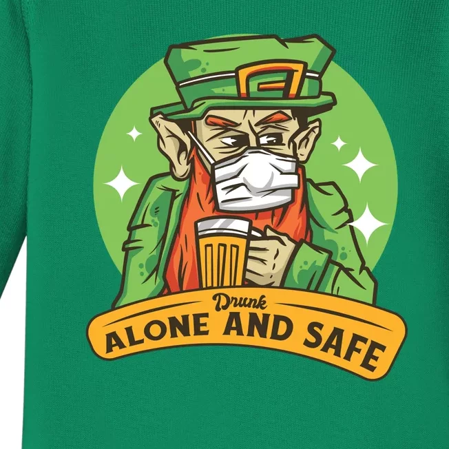 Leprechaun Drink Alone and Safe Funny Facemask Baby Long Sleeve Bodysuit