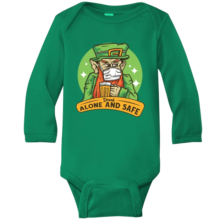 Leprechaun Drink Alone and Safe Funny Facemask Baby Long Sleeve Bodysuit