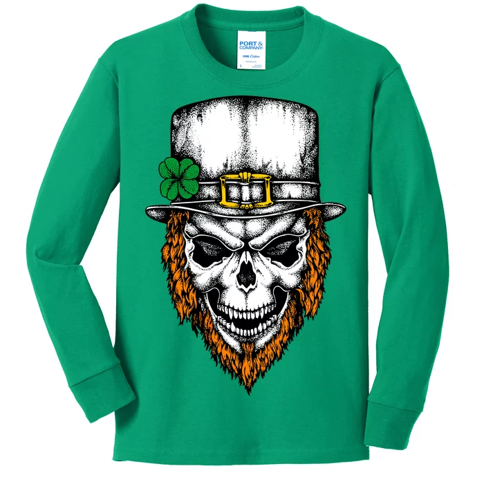 Leprechaun Irish Skull Skeleton Ginger Beard St. Patrick's Day Kids Long Sleeve Shirt