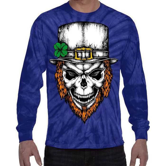 Leprechaun Irish Skull Skeleton Ginger Beard St. Patrick's Day Tie-Dye Long Sleeve Shirt