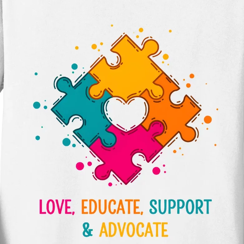 Love Educate Support And Advocate Cute Autism Teacher Kids Long Sleeve Shirt