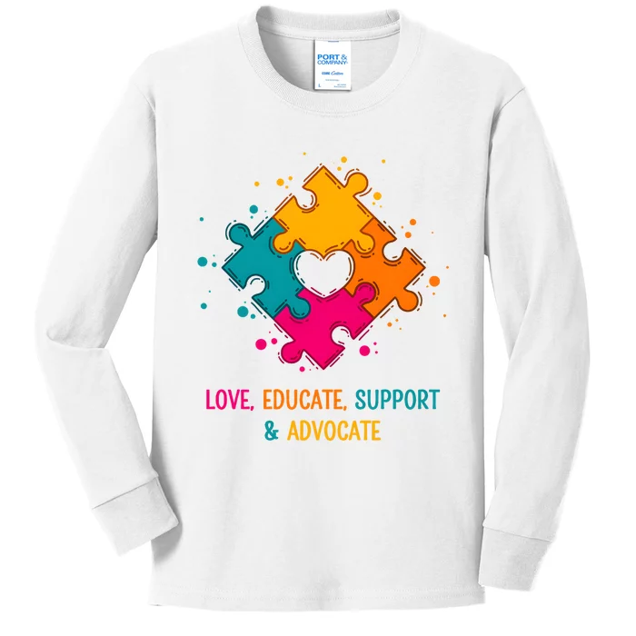 Love Educate Support And Advocate Cute Autism Teacher Kids Long Sleeve Shirt