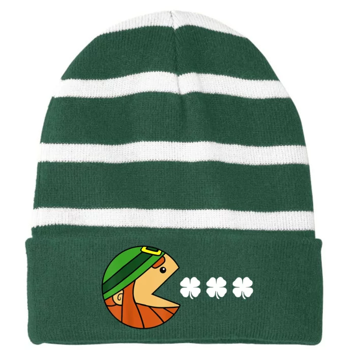 Leprechaun Eating Shamrock Striped Beanie with Solid Band