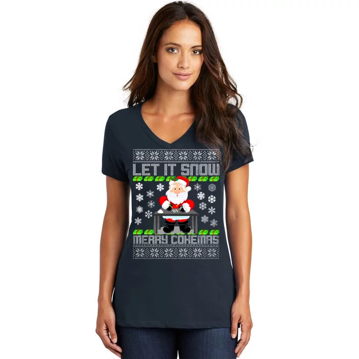 Let It Snow Merry Cokemas Santa Claus Ugly Christmas Women's V-Neck T-Shirt