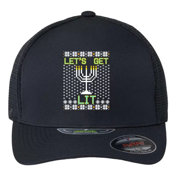 Let's Get Lit Funny Hanukkah Ugly Flexfit Unipanel Trucker Cap