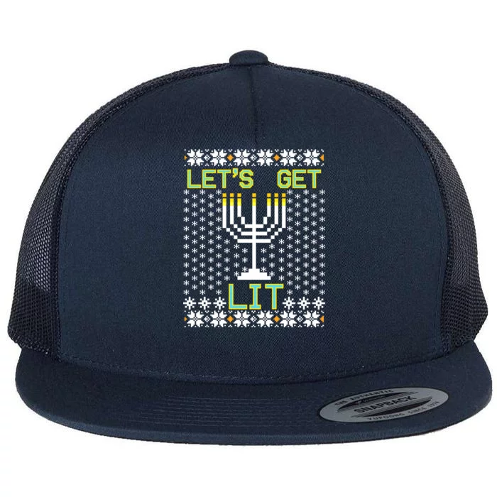 Let's Get Lit Funny Hanukkah Ugly Flat Bill Trucker Hat