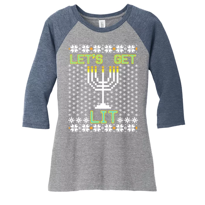 Let's Get Lit Funny Hanukkah Ugly Women's Tri-Blend 3/4-Sleeve Raglan Shirt