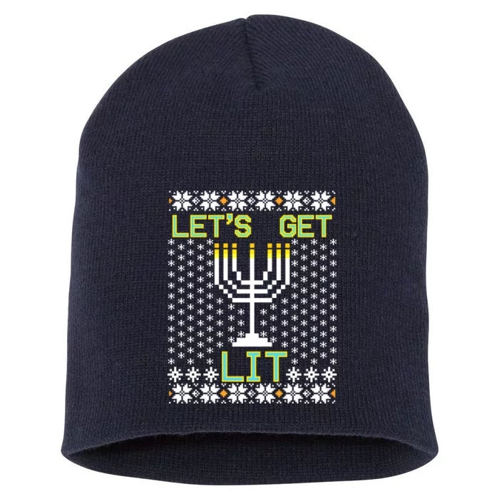 Let's Get Lit Funny Hanukkah Ugly Short Acrylic Beanie