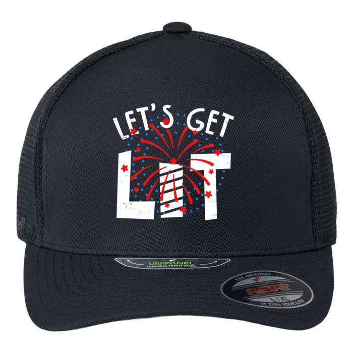 Let's Get Lit Memorial Day 4th of July Fireworks Flexfit Unipanel Trucker Cap