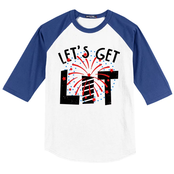 Let's Get Lit Memorial Day 4th of July Fireworks Baseball Sleeve Shirt