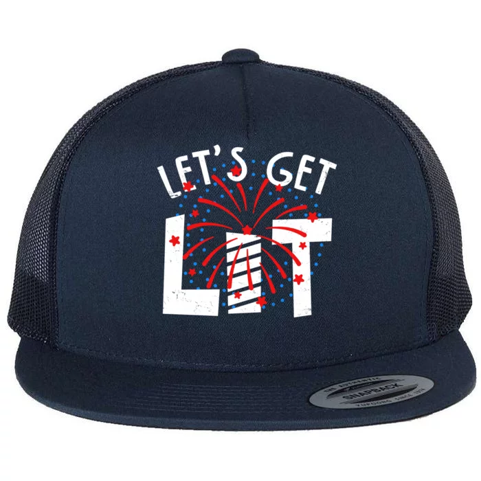 Let's Get Lit Memorial Day 4th of July Fireworks Flat Bill Trucker Hat