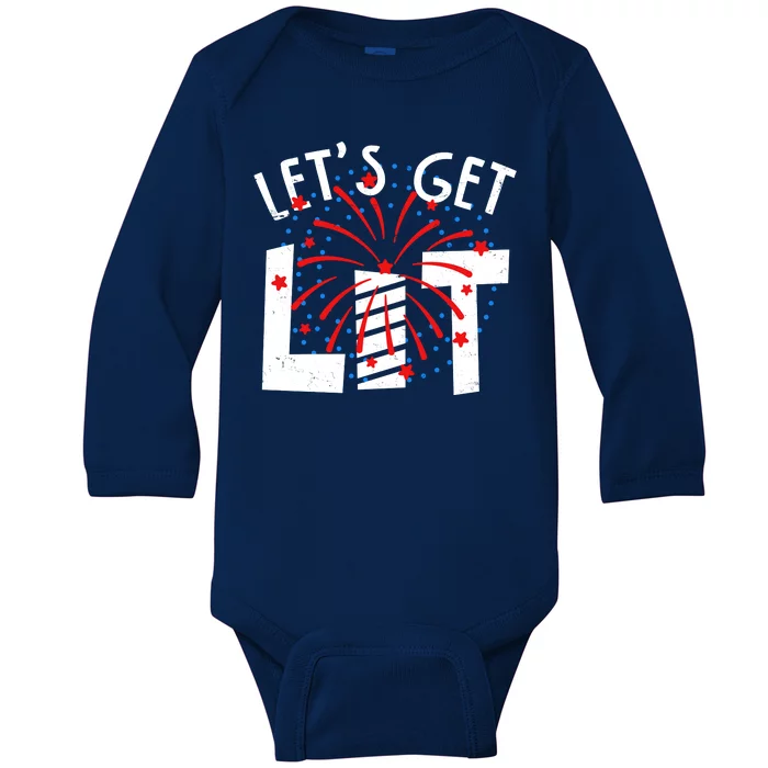 Let's Get Lit Memorial Day 4th of July Fireworks Baby Long Sleeve Bodysuit