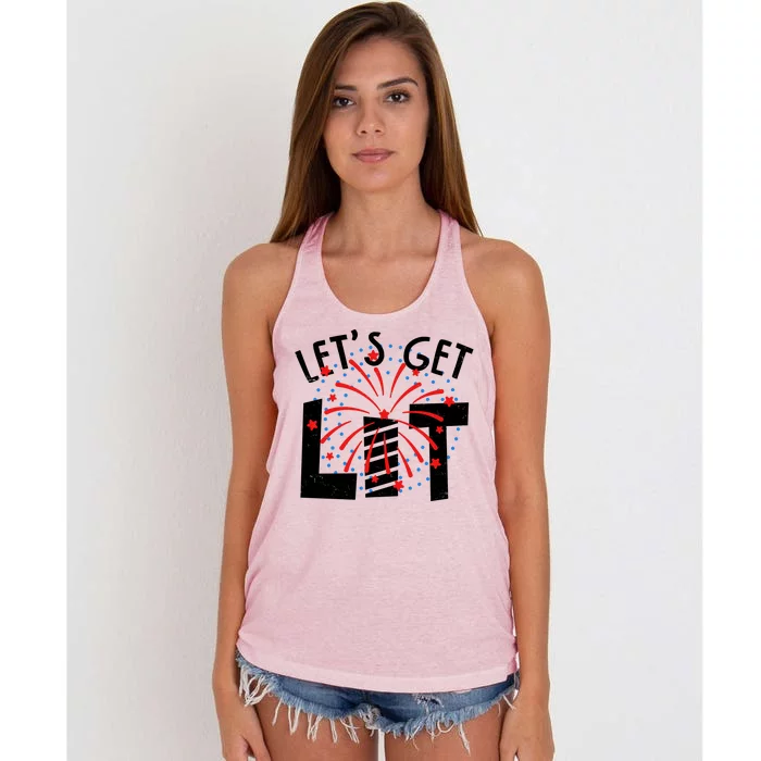 Let's Get Lit Memorial Day 4th of July Fireworks Women's Knotted Racerback Tank