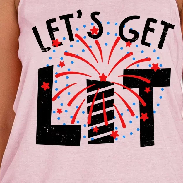 Let's Get Lit Memorial Day 4th of July Fireworks Women's Knotted Racerback Tank