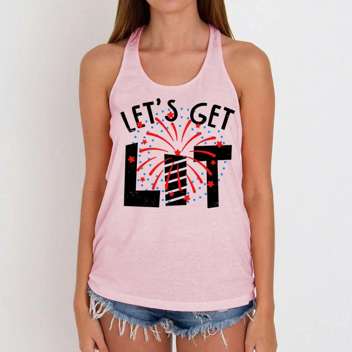 Let's Get Lit Memorial Day 4th of July Fireworks Women's Knotted Racerback Tank