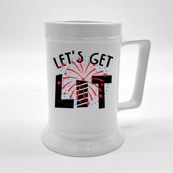 Let's Get Lit Memorial Day 4th of July Fireworks Front & Back Beer Stein