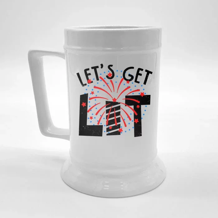 Let's Get Lit Memorial Day 4th of July Fireworks Front & Back Beer Stein