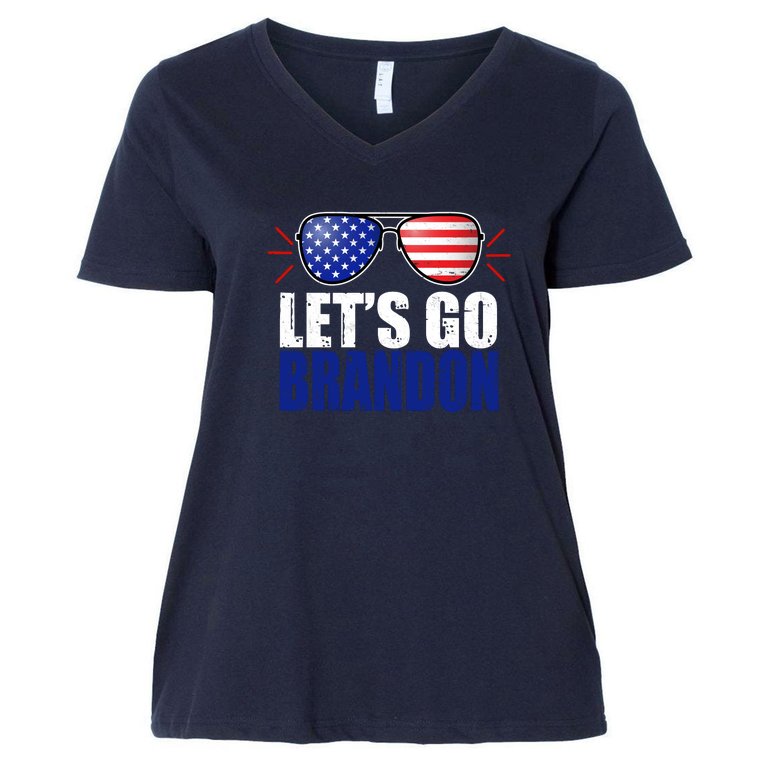 Lets Go Brandon American Flag Aviator Shades FJB Chant Women's V-Neck Plus Size T-Shirt