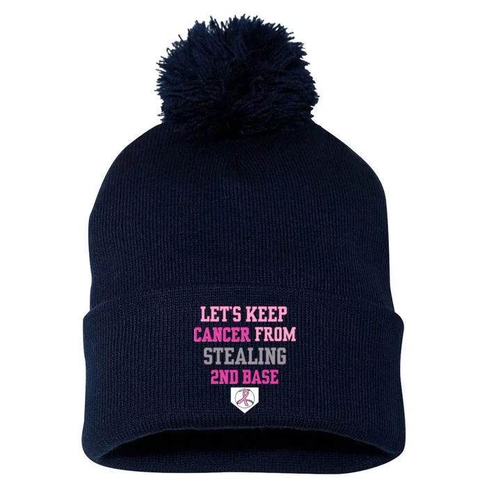 Let's Keep Cancer From Stealing 2nd Base Ribbon Pom Pom 12in Knit Beanie