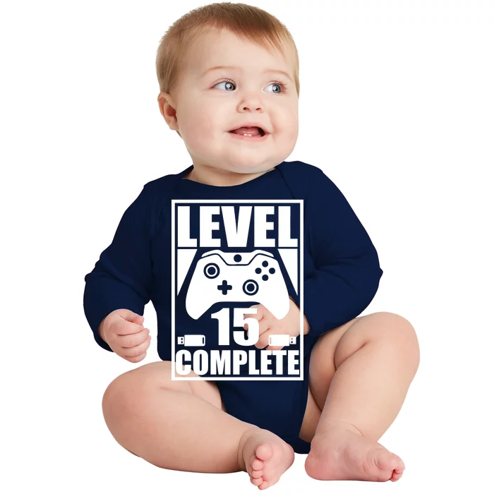 Level 15 Complete Video Gamer 15th Birthday Baby Long Sleeve Bodysuit