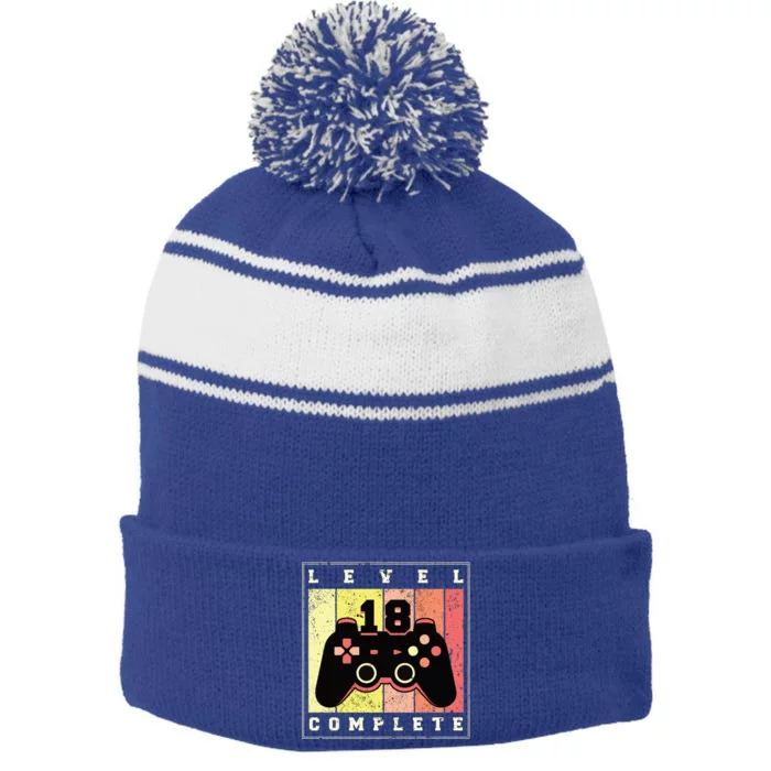 Level 18 Complete Gaming 18th Birthday Stripe Pom Pom Beanie