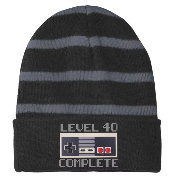 Level 40 Complete Retro Gamer 40th Birthday Striped Beanie with Solid Band