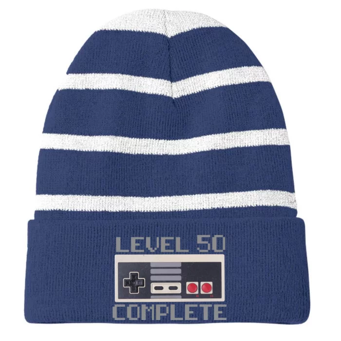 Level 50 Complete Retro Gamer 50th Birthday Striped Beanie with Solid Band