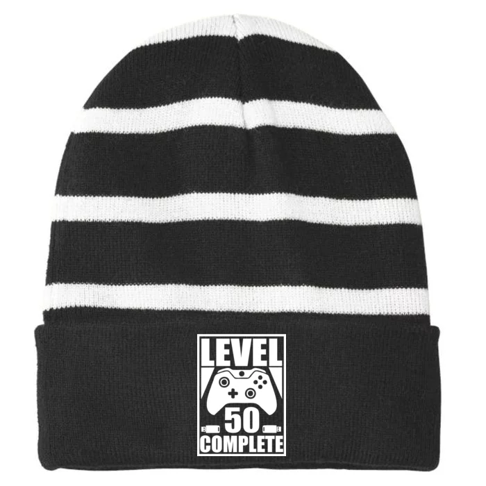 Level 50 Complete Video Gamer 50th Birthday Striped Beanie with Solid Band