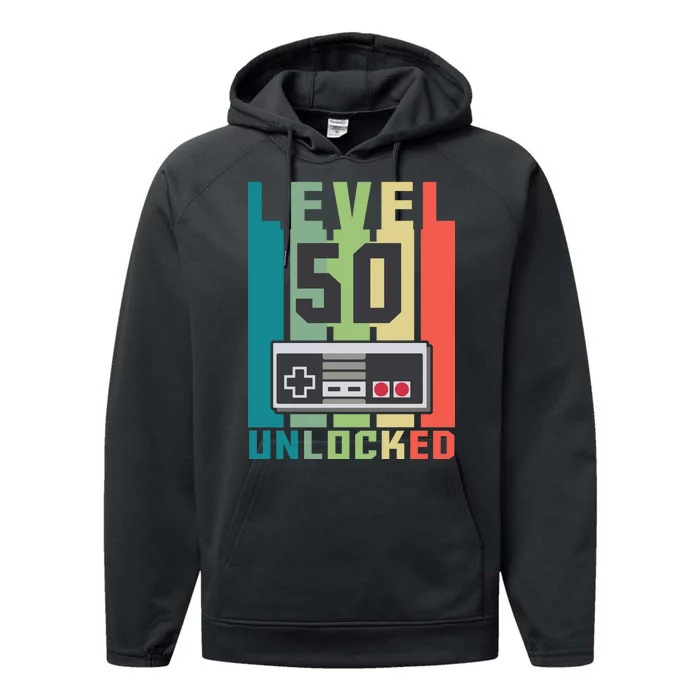 Level 50 Unlocked Funny Retro Gamer Birthday Performance Fleece Hoodie