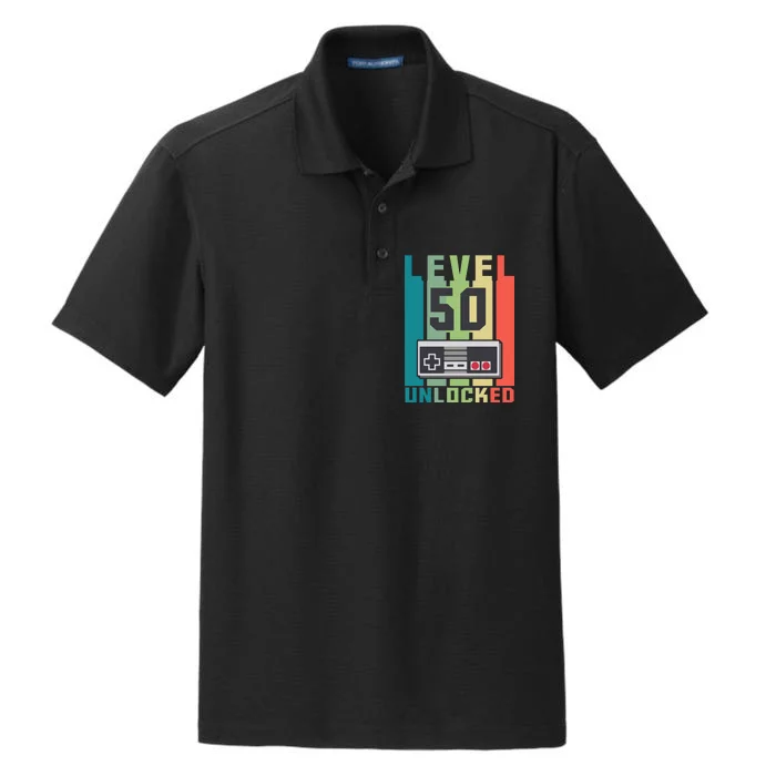 Level 50 Unlocked Funny Retro Gamer Birthday Dry Zone Grid Performance Polo