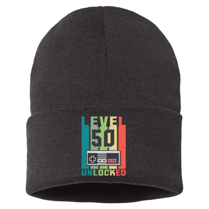 Level 50 Unlocked Funny Retro Gamer Birthday Sustainable Knit Beanie