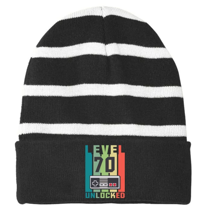 Level 70 Unlocked Funny Retro Gamer Birthday Striped Beanie with Solid Band