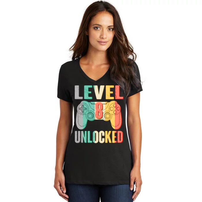 Level 8 Unlocked Eight Years Old Women's V-Neck T-Shirt