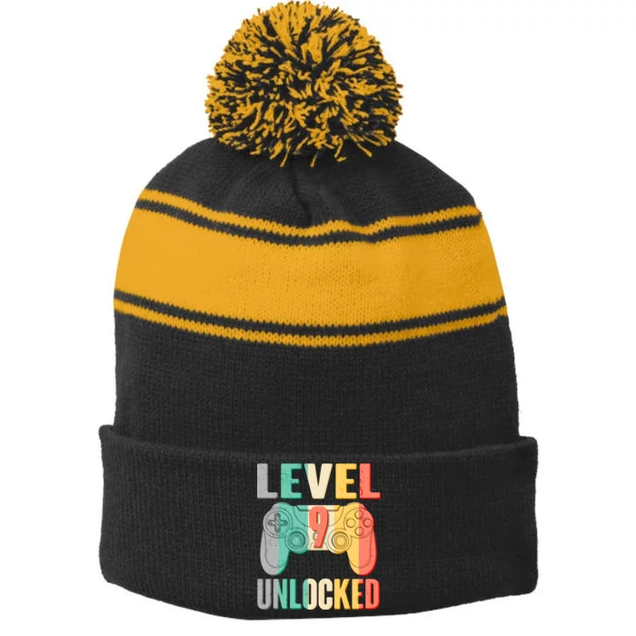 Level 9 Unlocked Nine Years Old Stripe Pom Pom Beanie