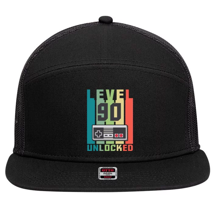 Level 90 Unlocked Funny Retro Gamer Birthday 7 Panel Mesh Trucker Snapback Hat