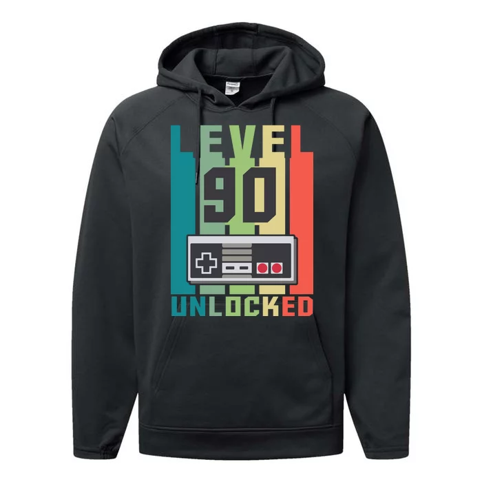 Level 90 Unlocked Funny Retro Gamer Birthday Performance Fleece Hoodie