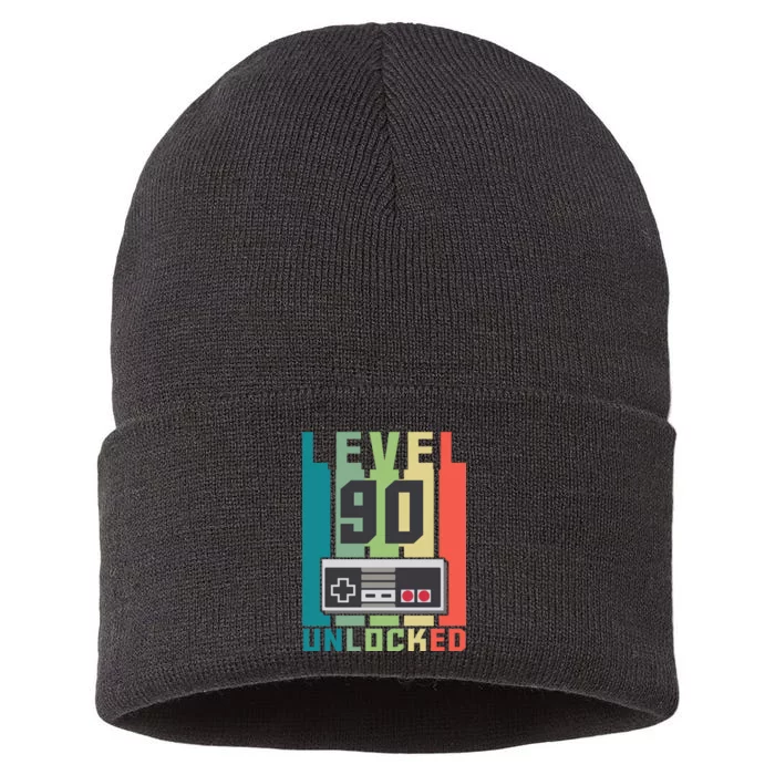 Level 90 Unlocked Funny Retro Gamer Birthday Sustainable Knit Beanie